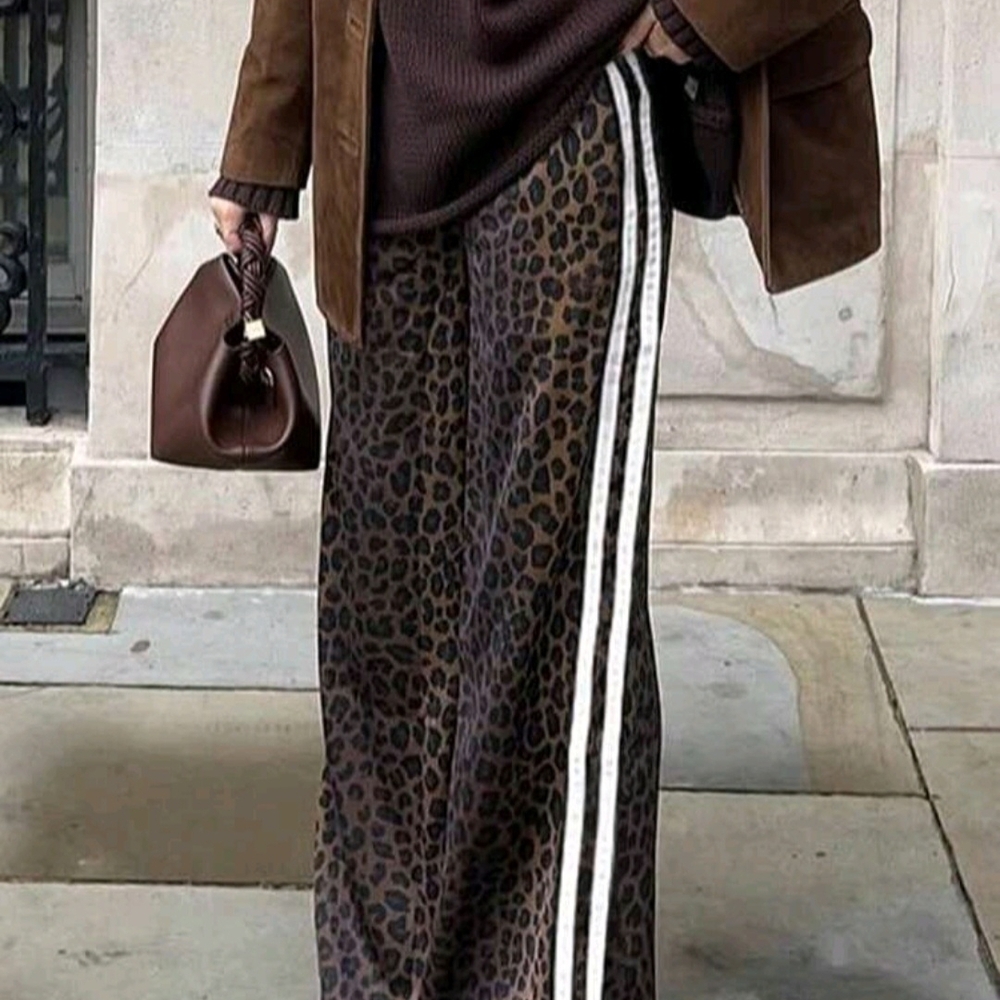 Brown Leopard Print Pants with White Side Stripes